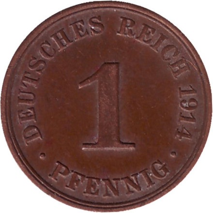 Монета 1 пфенниг. 1914 год (А), Германская империя.