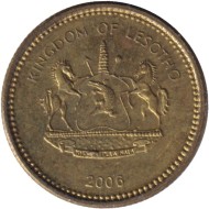 Монета 5 лисенте. 2006 год, Лесото. Туземное жилище на фоне леса.