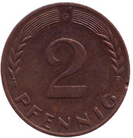 Монета 2 пфеннига. 1968 год (G), ФРГ. (сталь, бронза) Дубовые листья. Монета 2 пфеннига. 1968 год (G), ФРГ. (сталь, бронза) Дубовые листья.