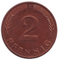 Монета 2 пфеннига. 1989 год (D), ФРГ. Дубовые листья. Монета 2 пфеннига. 1989 год (D), ФРГ. Дубовые листья.