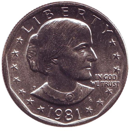 Монета 1 доллар, 1981 год, США. Монетный двор P. Сьюзен Энтони.