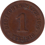 Монета 1 пфенниг. 1876 год (F), Германская империя. Монета 1 пфенниг. 1876 год (F), Германская империя.
