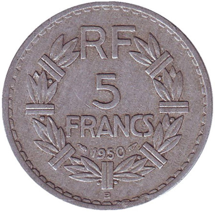 Монета 5 франков. 1950 (В) год, Франция.