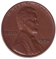 Монета 1 цент. 1956 год (P), США. Линкольн. Монета 1 цент. 1956 год (P), США. Линкольн.