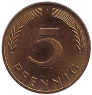 Монета 5 пфеннигов. 1986 год (J), ФРГ. Дубовые листья. Монета 5 пфеннигов. 1986 год (J), ФРГ. Дубовые листья.