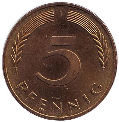 Монета 5 пфеннигов. 1986 год (J), ФРГ. Дубовые листья.