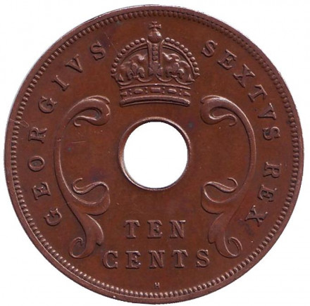 Монета 10 центов. 1952 год, Восточная Африка. (Отметка монетного двора: "H") Монета 10 центов. 1952 год, Восточная Африка. (Отметка монетного двора: "H")