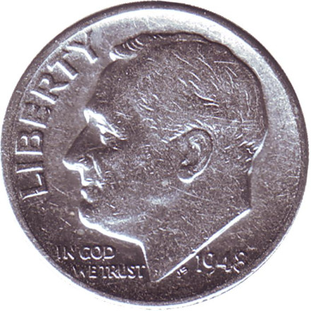 Монета 10 центов. 1948 год, США. (Без отметки монетного двора). Рузвельт.