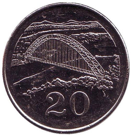 Монета 20 центов. 2002 год, Зимбабве. Мост Бэтченоу.