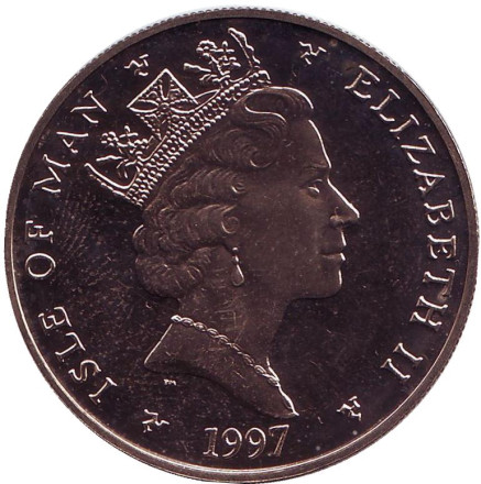 Монета 5 фунтов. 1997 год, Остров Мэн. 50 лет свадьбе Королевы Елизаветы II и Принца Филиппа. Монета 5 фунтов. 1997 год, Остров Мэн. 50 лет свадьбе Королевы Елизаветы II и Принца Филиппа.