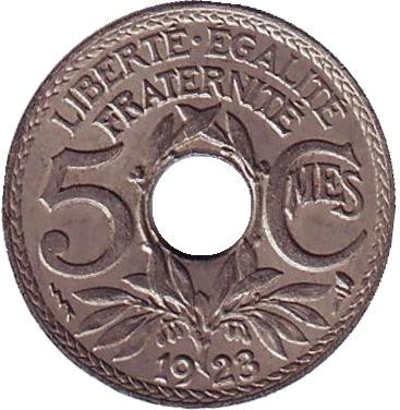 Монета 5 сантимов. 1923 год, Франция. (молния)