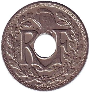 Монета 5 сантимов. 1923 год, Франция. (молния)