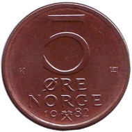 Монета 5 эре. 1982 год, Норвегия. UNC. Монета 5 эре. 1982 год, Норвегия. UNC.