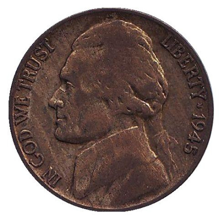 Монета 5 центов. 1945 год (P), США. Джефферсон. Монтичелло.