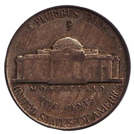 Монета 5 центов. 1945 год (P), США. Джефферсон. Монтичелло.