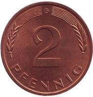 Монета 2 пфеннига. 1977 год (G), ФРГ. Дубовые листья. Монета 2 пфеннига. 1977 год (G), ФРГ. Дубовые листья.