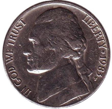 Монета 5 центов. 1983 год (P), США. Джефферсон. Монтичелло.