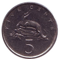 Острорылый крокодил. Монета 5 центов. 1991 год, Ямайка. 