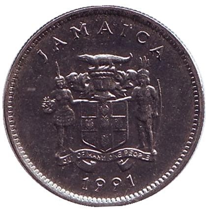 Монета 5 центов. 1991 год, Ямайка. Острорылый крокодил. Монета 5 центов. 1991 год, Ямайка. Острорылый крокодил.