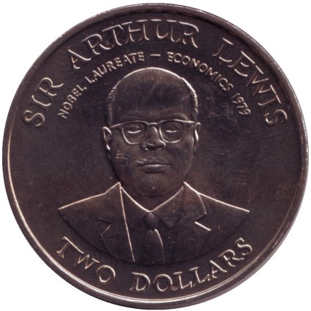 Монета 2 доллара. 1993 год, Восточно-Карибские государства. 10 лет Центральному банку. Сэр Уильям Артур Льюис. Монета 2 доллара. 1993 год, Восточно-Карибские государства. 10 лет Центральному банку. Сэр Уильям Артур Льюис.