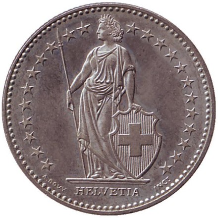 Монета 2 франка. 1994 (B) год, Швейцария. Гельвеция.