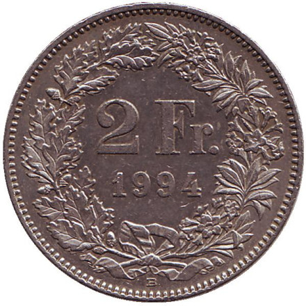 Монета 2 франка. 1994 (B) год, Швейцария. Гельвеция.