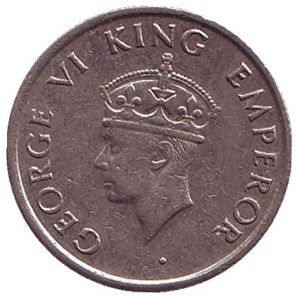 Монета 1/4 рупии. 1946 год, Индия Британская. Тигр.