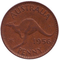 Монета 1 пенни. 1956 год, Австралия. (Точка после "PENNY") Кенгуру.