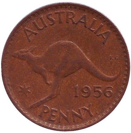 Монета 1 пенни. 1956 год, Австралия. (Точка после "PENNY") Кенгуру.