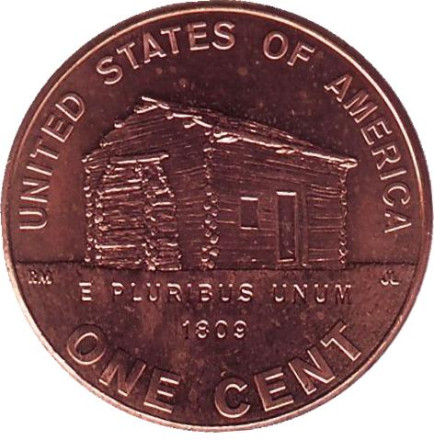 Монета 1 цент. 2009 год (P), США. Бревенчатый домик, в котором родился Линкольн.