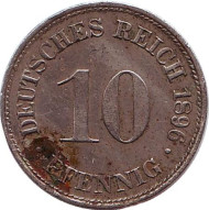 Монета 10 пфеннигов. 1896 год (D), Германская империя. Монета 10 пфеннигов. 1896 год (D), Германская империя.