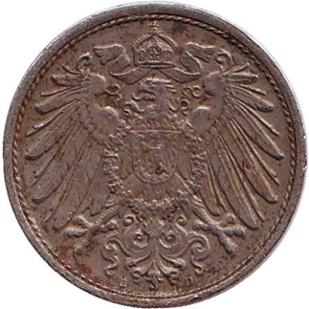 Монета 10 пфеннигов. 1896 год (D), Германская империя. Монета 10 пфеннигов. 1896 год (D), Германская империя.