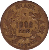 Монета 1000 рейсов. 1925 год, Бразилия. Монета 1000 рейсов. 1925 год, Бразилия.