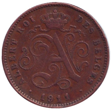 Монета 2 сантима. 1911 год, Бельгия. (Des Belges)