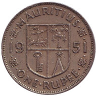 Монета 1 рупия. 1951 год, Маврикий. (С жёлобом на гурте)