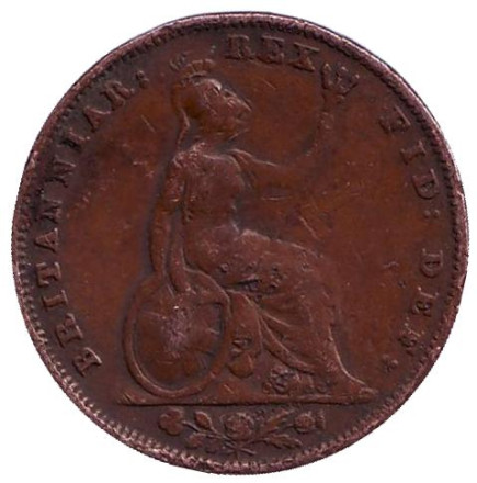 Монета 1 фартинг. 1837 год, Великобритания.