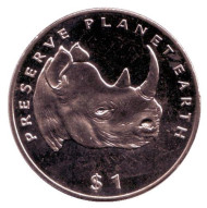 Монета 1 доллар, 1994 год, Эритрея. Носорог, серия "Сохраним планету Земля".