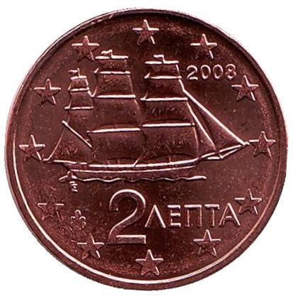 Монета 2 цента. 2008 год, Греция.