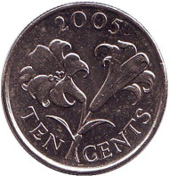 Монета 10 центов. 2005 год, Бермудские острова. Бермудская лилия. Монета 10 центов. 2005 год, Бермудские острова. Бермудская лилия.