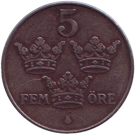 Монета 5 эре. 1949 год, Швеция. Монета 5 эре. 1949 год, Швеция.