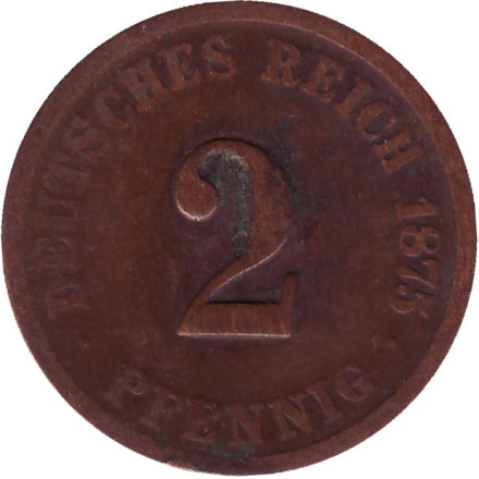 Монета 2 пфеннига. 1875 год (F), Германская империя.