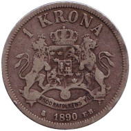 Монета 1 крона. 1890 год, Швеция. Король Оскар II. Монета 1 крона. 1890 год, Швеция. Король Оскар II.