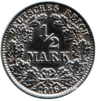 Монета 1/2 марки. 1916 год (G), Германская империя.
