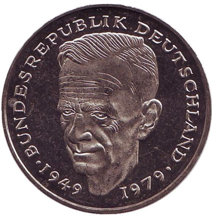 Монета 2 марки. 1983 год (F), ФРГ. UNC. Курт Шумахер.