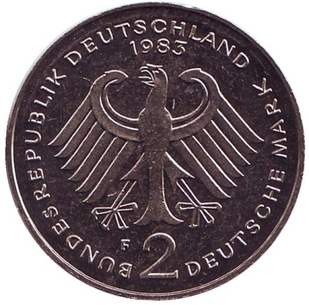 Монета 2 марки. 1983 год (F), ФРГ. Курт Шумахер.