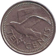 Монета 10 центов. 1990 год, Барбадос. Чайка. Монета 10 центов. 1990 год, Барбадос. Чайка.