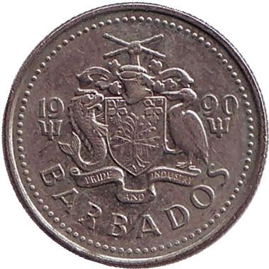 Монета 10 центов. 1990 год, Барбадос. Чайка. Монета 10 центов. 1990 год, Барбадос. Чайка.