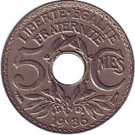 Монета 5 сантимов. 1936 год, Франция. Монета 5 сантимов. 1936 год, Франция.