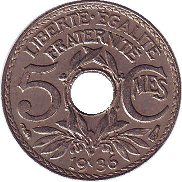 Монета 5 сантимов. 1936 год, Франция.