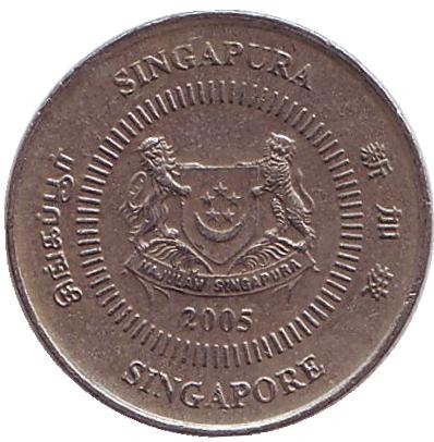 Монета 10 центов. 2005 год, Сингапур. Жасмин. Монета 10 центов. 2005 год, Сингапур. Жасмин.